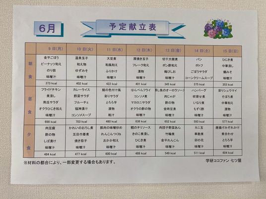 掲示物の予定献立表