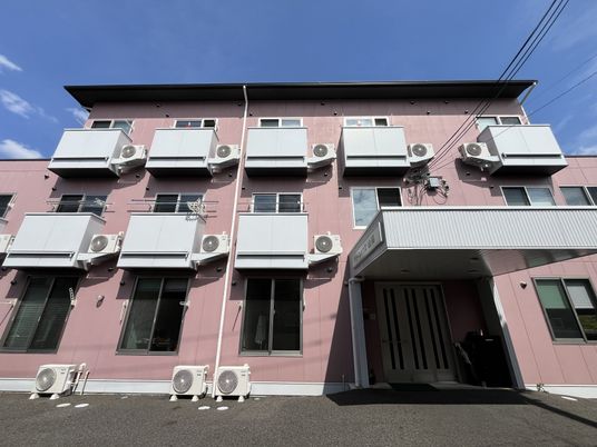 ピンクの建物とエントランス