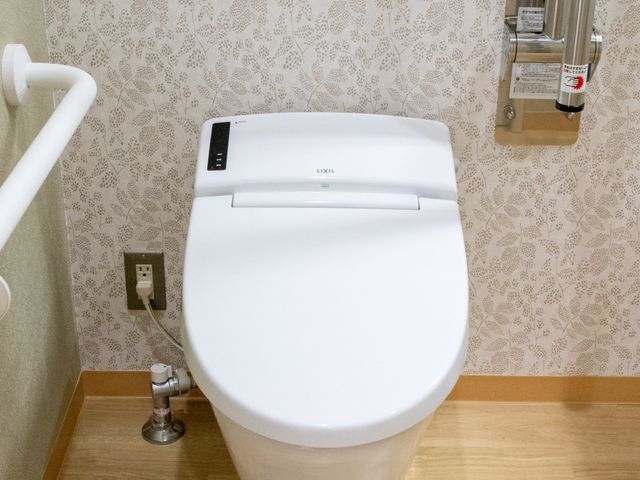 洋式トイレの清潔な環境 トイレ より安全に配慮された手すり付きのモダンなトイレです。快適な使い心地が期待できる空間が整っています。