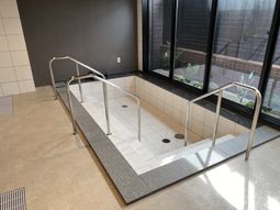 手すり付きの広々とした浴室