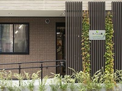 緑に囲まれた建物エントランス