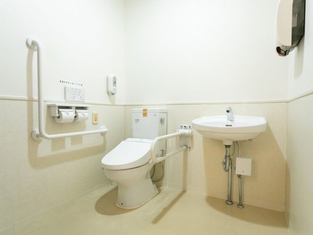 安全な設備のトイレ トイレ 手すりが設置されたトイレ空間です。安心して利用できる設備が整っています。