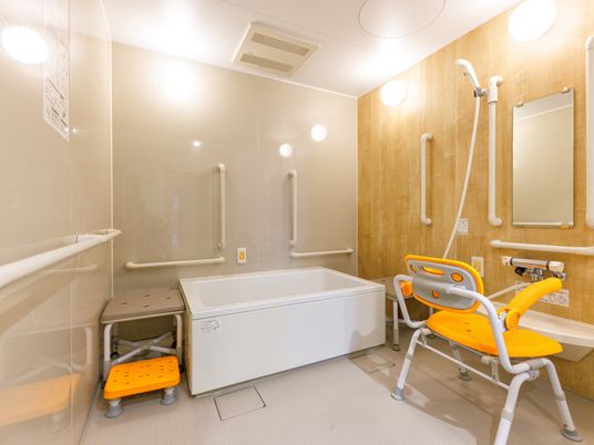 入浴補助用具と手すりが備え付けられている浴室