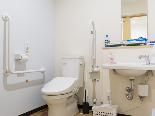 ゆったりとしたトイレ トイレ 手すりが設置された明るいトイレです。安全で快適に使用できる設備が整っています。