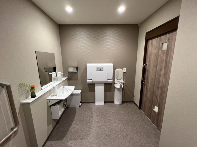 ゆとりのある洗面台とトイレ トイレ 手すり付きの広々としたトイレです。明るい照明と清潔感のある空間が心地よいです。