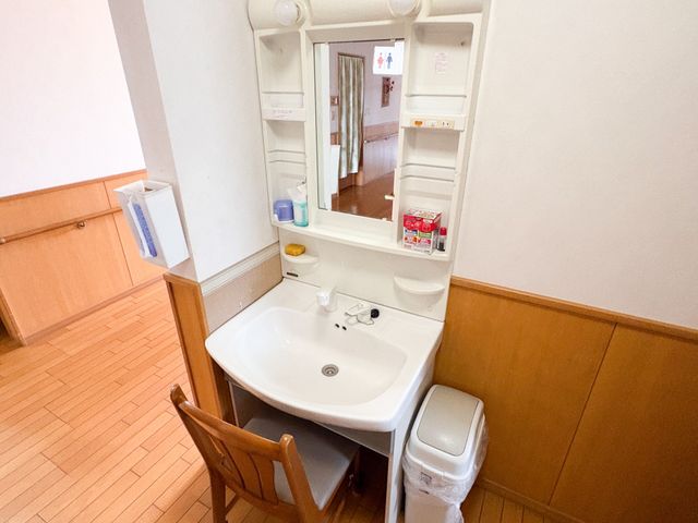 洗面台のある廊下 洗面台   木目調の床になじむ洗面台です。鏡の両側に収納があり、身支度しやすそうです。