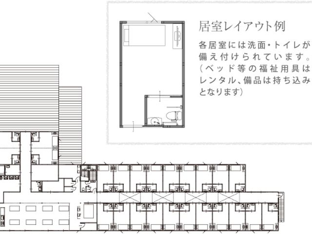 居室のレイアウト図 居室 各居室には洗面・トイレが完備されています。家具はレンタルで対応しています。