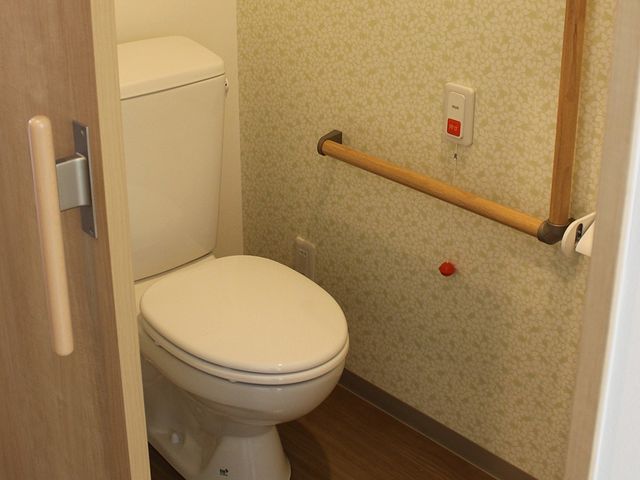 清潔なトイレ設備 トイレ 手すり設置された清潔感のあるトイレです。安全かつ快適にご利用いただける設計となっています。