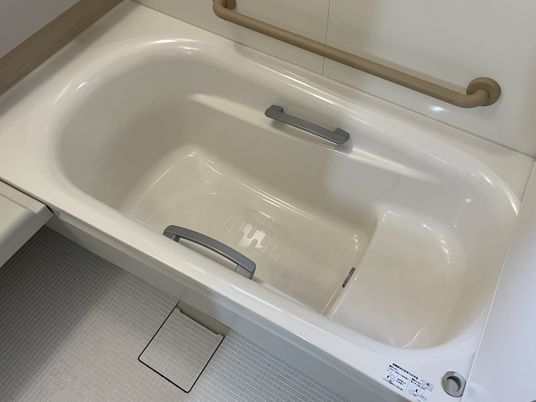 手すり付きの清潔な浴室