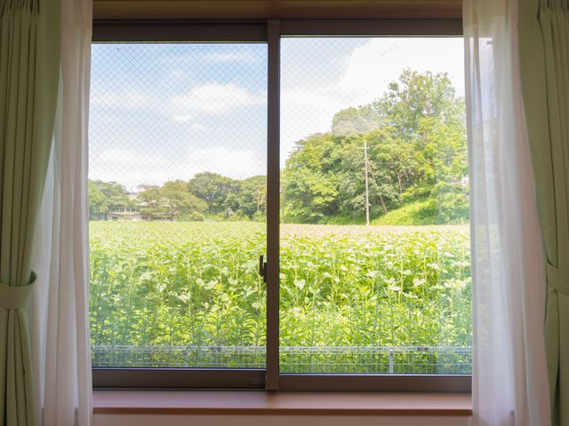 緑豊かな庭の景色 居室 ゆったりとした居室からは、緑溢れる風景が望め、穏やかな時間をお過ごしいただけます。