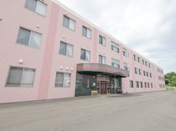 ピンクの建物のエントランス