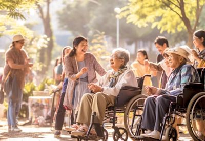 利用者が談笑する庭