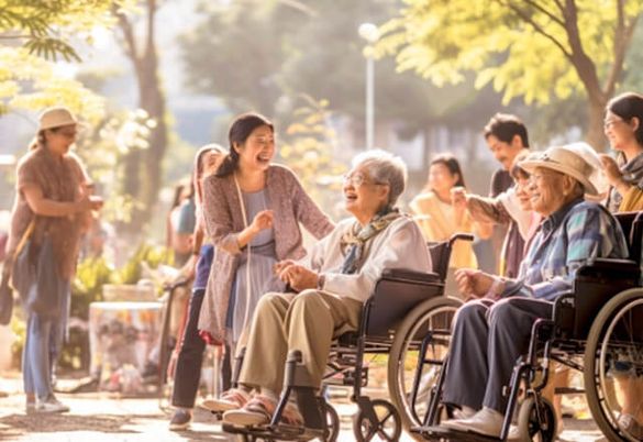 利用者が談笑する庭