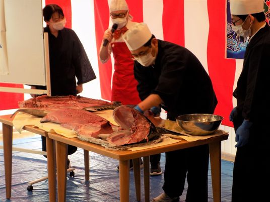 白い調理スタッフ帽をかぶった男性がマグロを大きなテーブルの上で解体している。