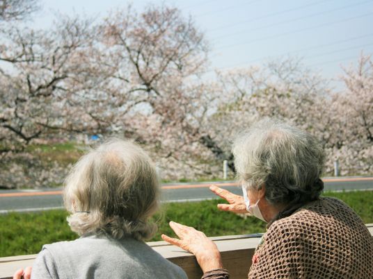 テラスには高齢女性が２名いて周辺の道路わきに咲いている桜の花を指さしながら見ている。