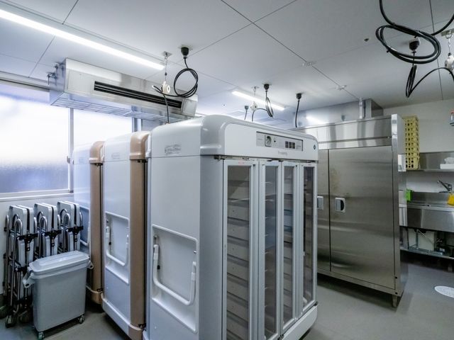 調理機器が並ぶ厨房 キッチン 大型の調理機器が整然と配置された清潔感のある空間です。衛生管理を意識した職場環境を確認したい方に参考になります。
