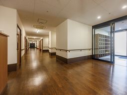 明るい木目調の廊下