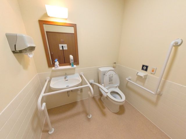 手すり付きトイレ トイレ 安全に配慮した手すりが設置されている明るいトイレです。快適に利用できる設計になっています。