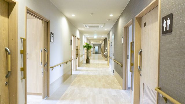 安全な通路の廊下 廊下 落ち着いた明るさのある廊下で、安全な手すりが備わっています。