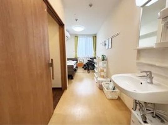 居室の洗面台とベッド  