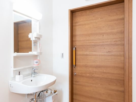 洗面台と木製扉のある室内