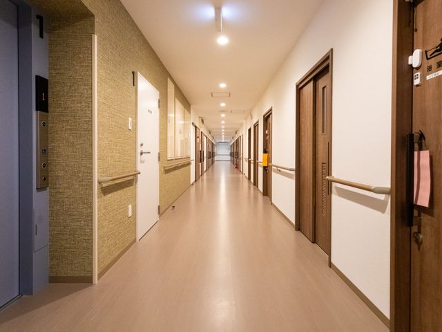 優雅な廊下 廊下 明るい照明と安全な手すりが設置された内容の廊下は、移動がしやすく安心感があります。