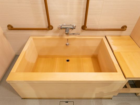 木の浴槽と手すり付き浴室