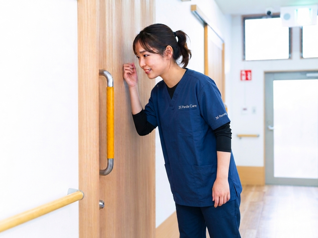 廊下で扉を見るスタッフ 廊下   明るい廊下でスタッフが扉の向こうを確認しています。手すりがあり、移動しやすさに配慮されたつくりです。