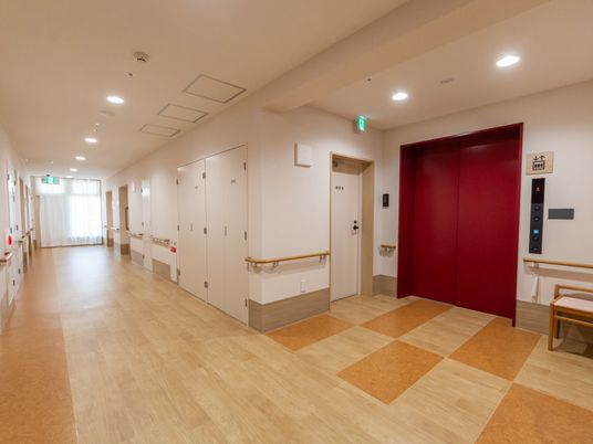 明るい廊下とエレベーター前  