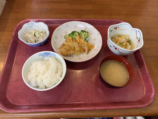 食事の盛り付け 料理 彩り豊かな食事が並び、栄養バランスに配慮されたメニューです。温かいご飯と味噌汁付きです。