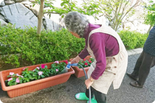 プランターで花に水やり中の庭