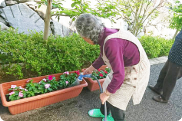 プランターで花に水やり中の庭