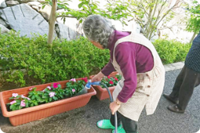 プランターで花に水やり中の庭
