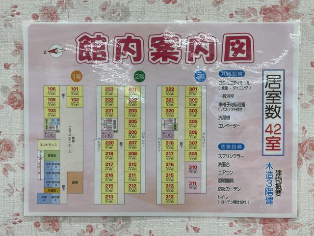 案内図掲示物 掲示物 施設内の案内図です。エントランスから各部屋への行き方がわかりやすく示されています。