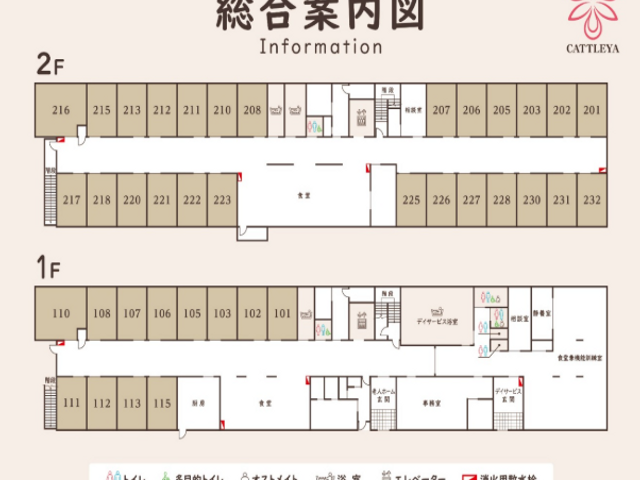 案内板 掲示物 フロア全体のレイアウトが表示されており、各部屋や設備の位置を確認しやすくなっています。