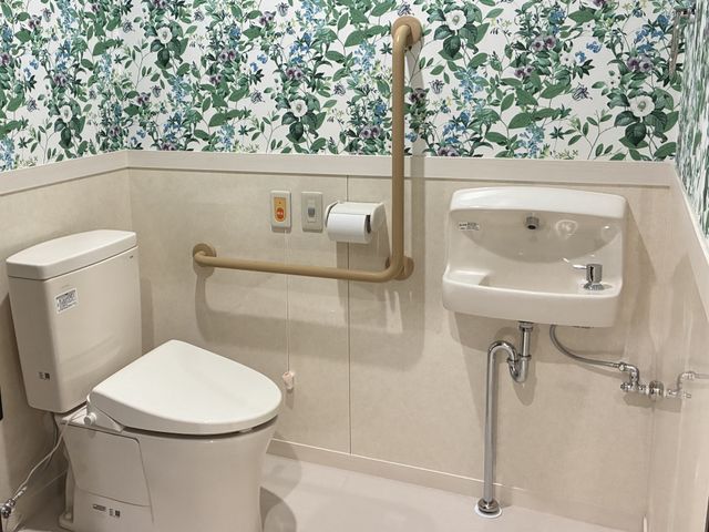清潔で設備が整ったトイレ トイレ 手すりが付いた使いやすいトイレです。華やかな壁紙が落ち着いた空間を演出しています。