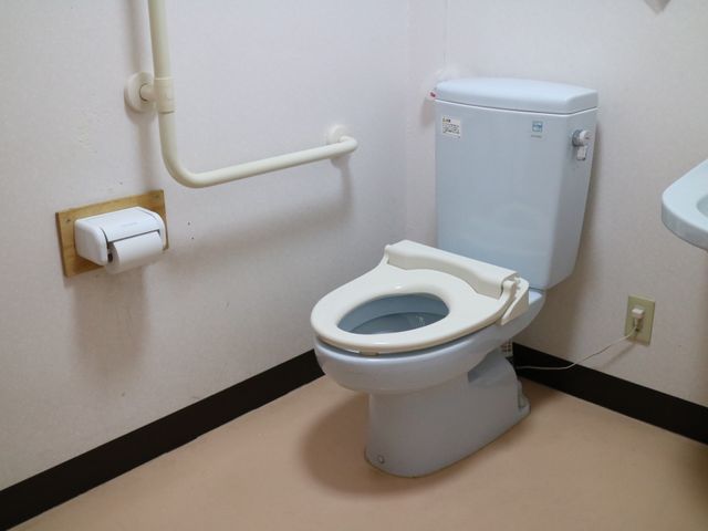 バリアフリートイレ設備 トイレ 安全に配慮されたトイレスペースです。手すりが設置されており、立ち座りがしやすく工夫されています。