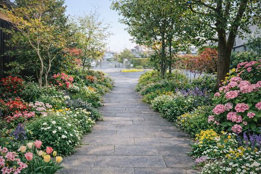 鮮やかな花々の小道