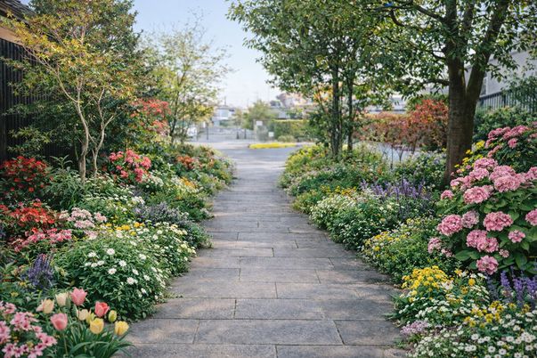鮮やかな花々の小道