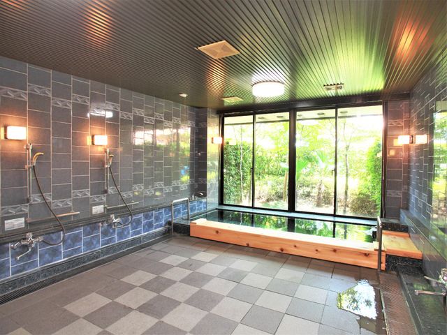 快適な浴室空間 大浴場 窓越しの緑に囲まれた清潔感のあるバスエリアです。適度な広さと設備で快適なひとときを。