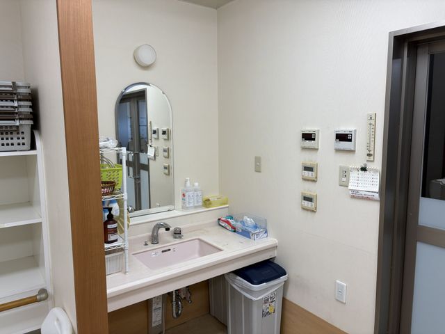 手洗い場の洗面台 洗面台 シンプルな洗面台は、広々としたカウンターが使いやすいです。隣には収納スペースもあり、整理整頓に便利です。