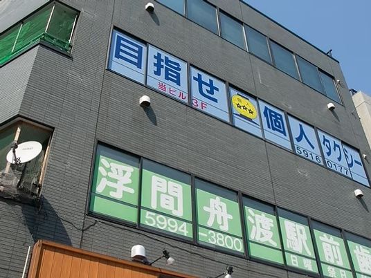 看板が並ぶ外観  