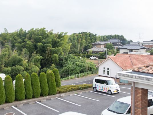 緑に囲まれた駐車場の外観  
