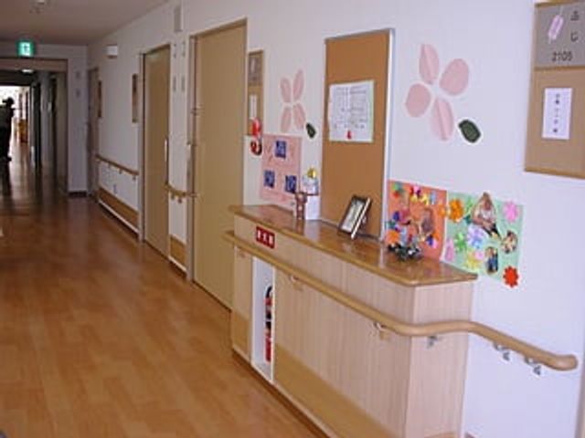 広い廊下の飾り棚 廊下 温かな雰囲気のある廊下には、色とりどりの作品が展示されており、居心地の良さが感じられます。