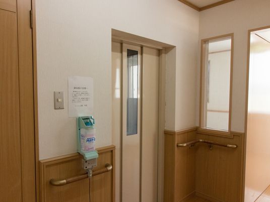 白と茶色の壁、木目の床の通路、クリーム色のエレベーターのドアがある。周囲の壁には手すりが備えつけられている。