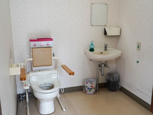 バリアフリートイレ設備 トイレ 手すり付きのトイレと洗面所が一体型になっており、安全かつ衛生的な日々の生活がサポートされています。