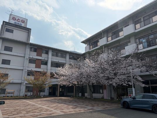 桜のある建物外観  
