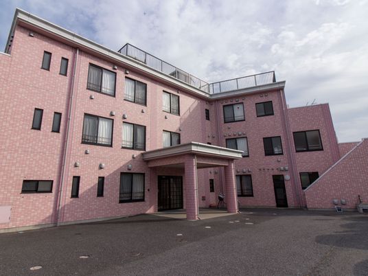 ピンクの建物エントランス