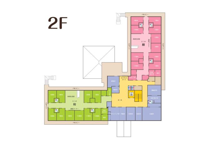 フロアの見取り図 内観 2階のレイアウトが一目でわかる配置図です。各エリアが色分けされており、部屋の位置が把握しやすくなっています。