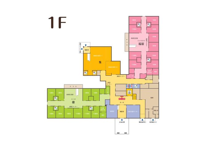 施設の平面図 廊下 こちらは施設の1階の平面図です。部屋の配置や通路の位置が一目でわかります。
